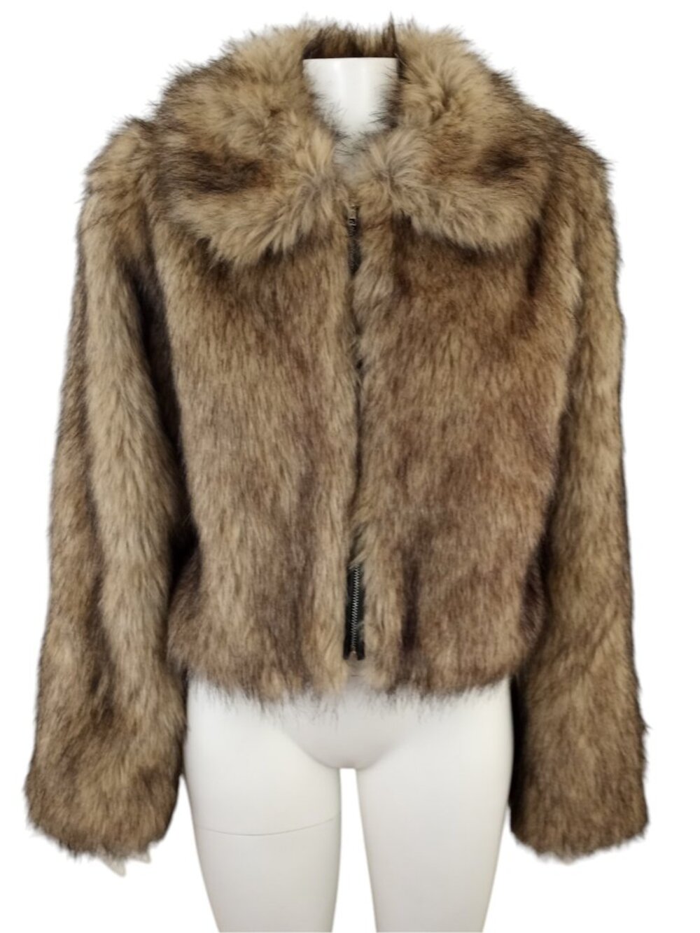 Forever 21 Light Brown Tipped Faux Fur Cropped Full Zip Jacket sz Large